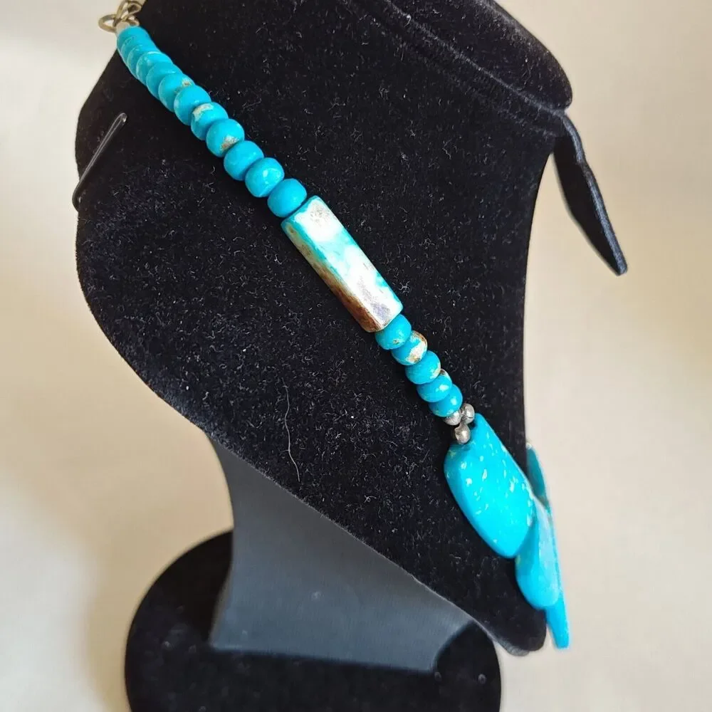 Blue Turquoise Statement Necklace Gold Art Deco Resin‎ Chunky Tribal Choker 8 in